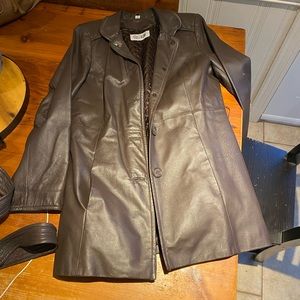 Brown mid thigh leather jacket